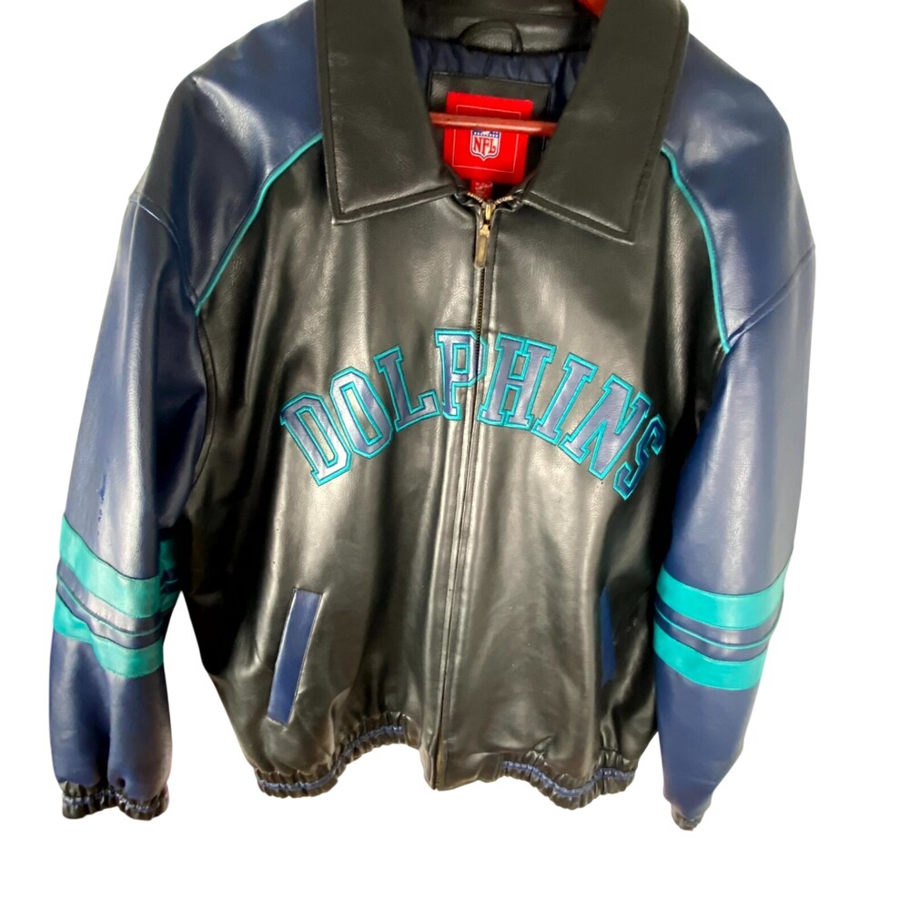 NFL Leather Jacket Mens XL Black Logo Miami Dolphins Long Sleeve Pocket Full Zip
